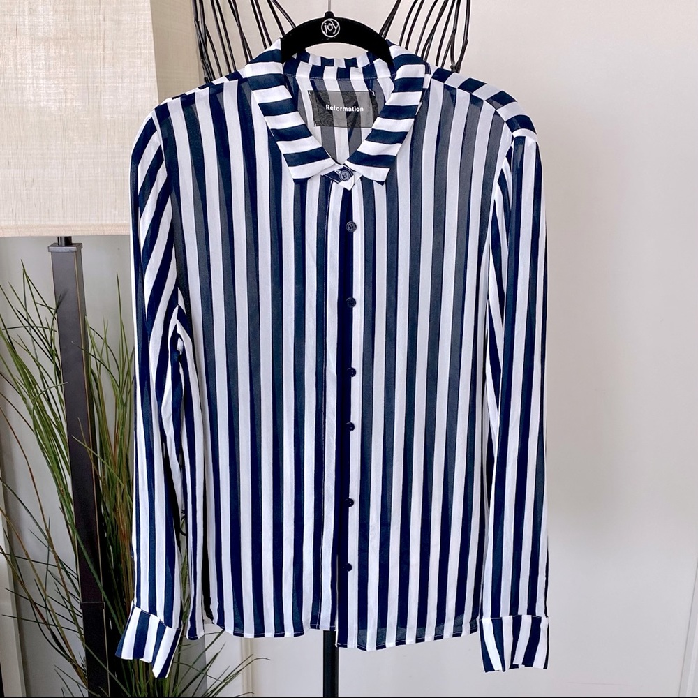 Reformation “Violet” Navy Blue Striped Buttondown